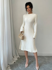 Long Sleeve Ribbed Knit Sweater Elegant Solid Color Ribbed Knit Sweater Dress for Women - Crew Neck, Long Sleeve, Pleated Design, Perfect for Fall & Winter
