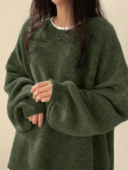 Cozy Womens Crew Neck Pullover Sweater - Relaxed Fit, Dramatic Drop Shoulder & Trendy Split - Soft Knit, Everyday Casual Style - Solid Color Wardrobe Staple