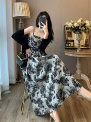 Floral Print Cami Dress Set Young Floral Print Cami Dress Set, Solid Long Sleeve Open Front Cardigan & Square Neck Sleeveless A-line Spaghetti Strap Dress Outfits, Women's Clothing