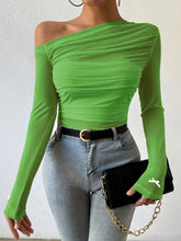 Semi-Sheer Stretchy Polyester Blend Off-Shoulder Ruched Long Sleeve Top with Bow Detail - Elegant for Women - Perfect for Fall/Winter