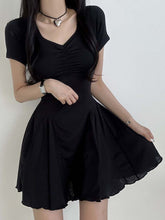Black V Neck Folds A-Line Dress