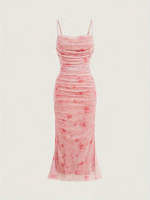 For Spring & Summer, Elegant Sleeveless Floral Print Spaghetti Suspender Ruched Bodycon Cami Dress, Women's Clothing