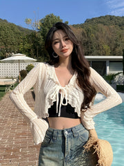 Ruffle Trim Tie Front Cardigan, Chic Long Flare Sleeve V Neck Crop Cardigan For Spring & Fall, Women's Clothing