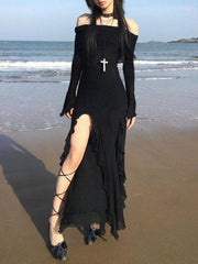 Gothic Black Side Split Maxi Dress