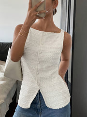 Sleeveless Textured Cardigan Elegant Shirt Women's square collar cardigan buttonless sleeveless textured horizontal striped elegant shirt, waist-tightening top, commuting minimalist office old money loose, simple Women's to