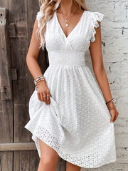 A-line Shirred Waist Hollow Dress Shirred Waist Hollow A-line Dress, Vacation V Neck Ruffle Sleeve Dress For Spring & Summer, Women's Clothing Wedding graduation engagement occasion ceremony party holiday vacation birthday