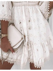 Women's Party Dress Casual Dress Lace Dress Mini Dress White Beige 3/4 Length Sleeve Embroidery Ruched Summer Spring Fall V Neck Fashion Wedding Summer Dress Office S M L XL 2XL 3XL