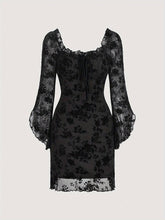Long Sleeve Midi Dress with Velvet Elegant Floral Lace Midi Dress with Tie-Waist - Long Sleeve, Crew Neck, Stretch Fabric for Women - Perfect for Fall/Winter, Net Fabric, Velvet