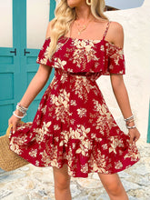 Summer Women's Elegant Off-Shoulder V-Neck Ruffle Hem Floral Print Mini Dress - Lightweight Machine-Washable Sleeveless Party Dress for Festivals, Beach & Casual Outings