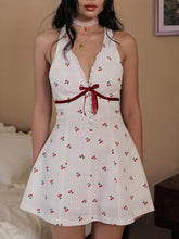 Chic Women's Cherry Print Halter Neck Dress - Backless Mini with Lace Trim & Red Bow Detail, V-Neck, Sleeveless - Ideal for Summer Parties, Beach & Club Outings