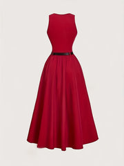 1pc Elegant Sleeveless A-Line Dress for Women, Solid Color Polyester Knit with Belt, Round Neck, Loose Fit - All Seasons Fashion