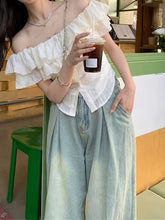 Solid Color French Ruffle Off-Shoulder Shirt - Women's Summer Slimming T-Shirt - Polyester, Petal Sleeve, Sleeveless, Button Front, X Fit, Regular Fit, Woven Fabric