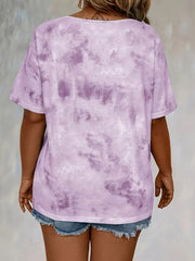 Women'S Plus Size Tie Dye Print Short Sleeve T-Shirt, Casual Loose Fit Tee with Lace-Up Drape Neck, Polyester 95% Spandex 5% Knit Fabric, Medium Stretch, Spring/Summer Pullovers, 175g/m² - Purple