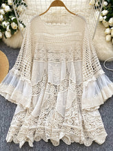 NEW Bohemian Style Vintage Knitted Dress for Women Loose Hollow Hook Flower Design Short Mid-Skirt