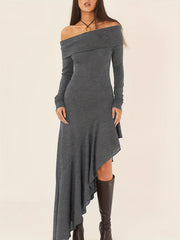 Elegant Ruffled Off Shoulder Long Sleeve Dress - Women's Backless Asymmetrical Slim Fit Dresses with Ruffle Hem - Perfect for Formal Occasions and Date Nights
