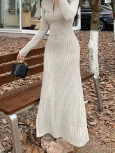 Long Sleeve Fall Dress Ribbed V Neck Dress, Casual Long Sleeve Dress For Fall & Winter, Women's Clothing
