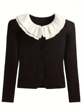 Women's 2024 New French Chic Ruffle Collar Knit Sweater, Slim Fit, Viscose Blend, Spring/Autumn, Contrast Color, Open Front Cardigan