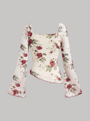 Elegant Women's Floral Print Blouse with Square Neckline and Red Ribbon Tie - Long Sleeve, Asymmetrical Hem, Polyester, Machine Washable