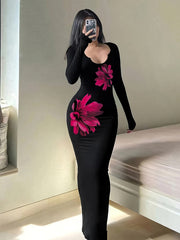 1pc Elegant Floral Print V-Neck Long Sleeve Bodycon Knit Dress for Women, Polyester, Notched Collar, Slim Fit, Ideal for Spring/Summer/Fall - Sexy Style