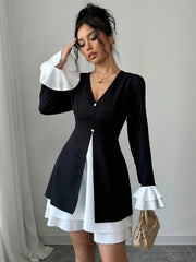 Elegant V-Neck Color Block 1pc Dress - Polyester A-Line Pendulum with Flounce Sleeves for Women, Spring/Fall