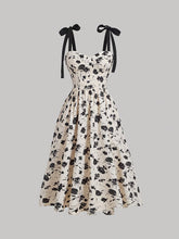 Chic Midi V-Neck Floral Dress Women'S Elegant V-Neck Floral Print Dress with Tie Straps, Polyester Knit Fabric, A-Line Silhouette, All-Season Chic Midi Dress for Adult