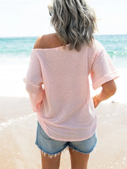 Waffle Knit Boat Neck Half Sleeve T-Shirt