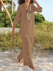 Women's Shirt Pants Sets Pants Trousers Streetwear Black Dark Navy Casual Daily Plain V Neck S M L XL 2XL