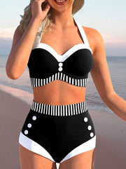 Women's Swimwear Bikini Normal Swimsuit 2 Piece Printing Striped Black Bathing Suits Sports Beach Wear Summer