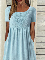 Women's Casual Dress Cotton Linen Dress Swing Dress Midi Dress Cotton Blend Basic Modern Outdoor Daily Crew Neck Lace Ruched Short Sleeve Summer Spring Loose Fit Blue Plain S M L XL 2XL