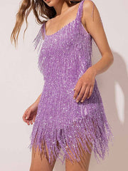 Women's Party Dress Fringe Dress Slip Dress Mini Dress Purple Gold Beige Sleeveless Pure Color Tassel Fringe Summer Spring Fall Spaghetti Strap Fashion Evening Party Vacation Fall Dress S M L XL