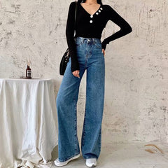 Spring and Autumn new retro style high waist solid color wide leg jeans women street solid color slim straight jeans ladies