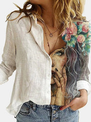 Fashion Retro Portrait Floral Print Women Shirt Autumn Stitching Button Long Sleeve Cotton Linen Blouses Casual Street Lady Top