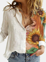 Fashion Retro Portrait Floral Print Women Shirt Autumn Stitching Button Long Sleeve Cotton Linen Blouses Casual Street Lady Top