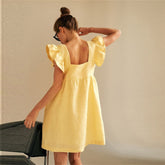 Muiches Casual Square Collar Butterfly Sleeve Mini Sweet Dress Woman Backless High Waist Loose Linen Solid Dress Summer