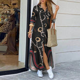 Fashion Women Long Sleeve Shirt Dress Autumn Printed OL Long Dresses Laides Turn-down Collar Loose Sundress Party Dresses
