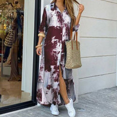 Fashion Women Long Sleeve Shirt Dress Autumn Printed OL Long Dresses Laides Turn-down Collar Loose Sundress Party Dresses