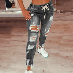 Drawstring Denim Jeans Women Ripped Hole Stretch Jean Sexy Slim High Waist Ladies Plus Size Full Length Pencil Pants