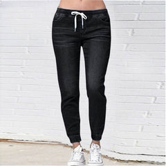 Drawstring Denim Jeans Women Ripped Hole Stretch Jean Sexy Slim High Waist Ladies Plus Size Full Length Pencil Pants