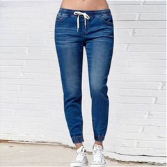 Drawstring Denim Jeans Women Ripped Hole Stretch Jean Sexy Slim High Waist Ladies Plus Size Full Length Pencil Pants