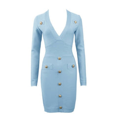 Women's Long Sleeve Sexy Deep V-neck Gold Buttons Bandage Elegant Vestidos Evening Party Fall Winter Dress 8392