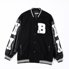 Harajuku Bomber Jackets Women Furry Bone Patten Single-breasted Loose Baseball Jacket Hiphop Streetwear Unisex Splice Coat