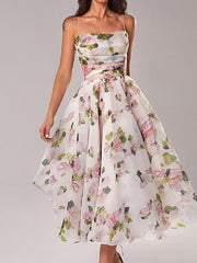 Women's Party Dress Wedding Guest Slip Dress Midi Dress Green Purple Pink Sleeveless Floral Print Spring Summer Spaghetti Strap Modern Party XS S M L XL XXL