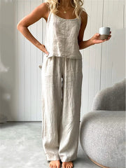 Women's Cotton And Linen Loungewear Sets Pure Color Fashion Simple Casual Street Daily Date Breathable Straps Sleeveless Strap Top Pant Pocket Summer Spring White Blue