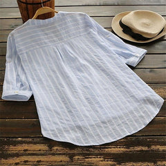 Women's Blouse Cotton Button Front Stripes Light Summer Light Blue Black khaki Light Grey