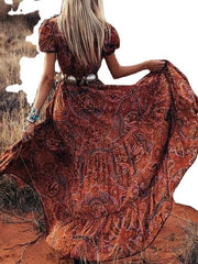 Women's Swing Dress Boho Dress Long Dress Maxi Dress Tribal Ethnic Blue Red Brown Short Sleeve Floral Button Split Print Spring Summer V Neck Casual Belt Not Included Loose Fit S M L XL XXL 3XL