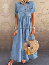 Women's Denim Shirt Dress Maxi long Dress Dark Blue Light Blue Short Sleeve Solid Color Pocket Button Spring Summer Shirt Collar Hot Casual Vintage S M L XL XXL 3XL / Loose