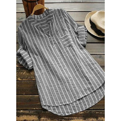 Women's Blouse Cotton Button Front Stripes Light Summer Light Blue Black khaki Light Grey