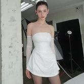 women's clothing summer new sexy sexy elastic bright silk fabric style nightclub bare shoulder short skirt dress