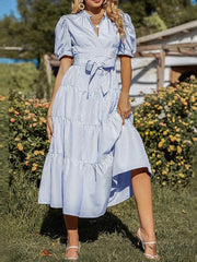 Tiered Striped Puff Sleeve Midi Dress