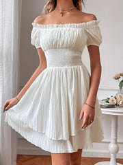 Elegant Off-Shoulder Square Neck Dress, 100% Polyester Solid Color A-Line Mini Dress for Women, Spring/Summer Woven Fabric, Occasion Wear | Ruffled Bodice | Polyester Fabric, Cute Dresses